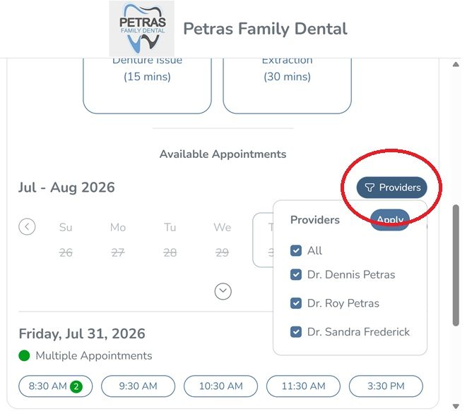Where the Providers button is on the booking page