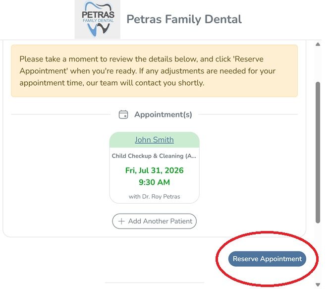 Where the Reserve Appointment button is on the booking page