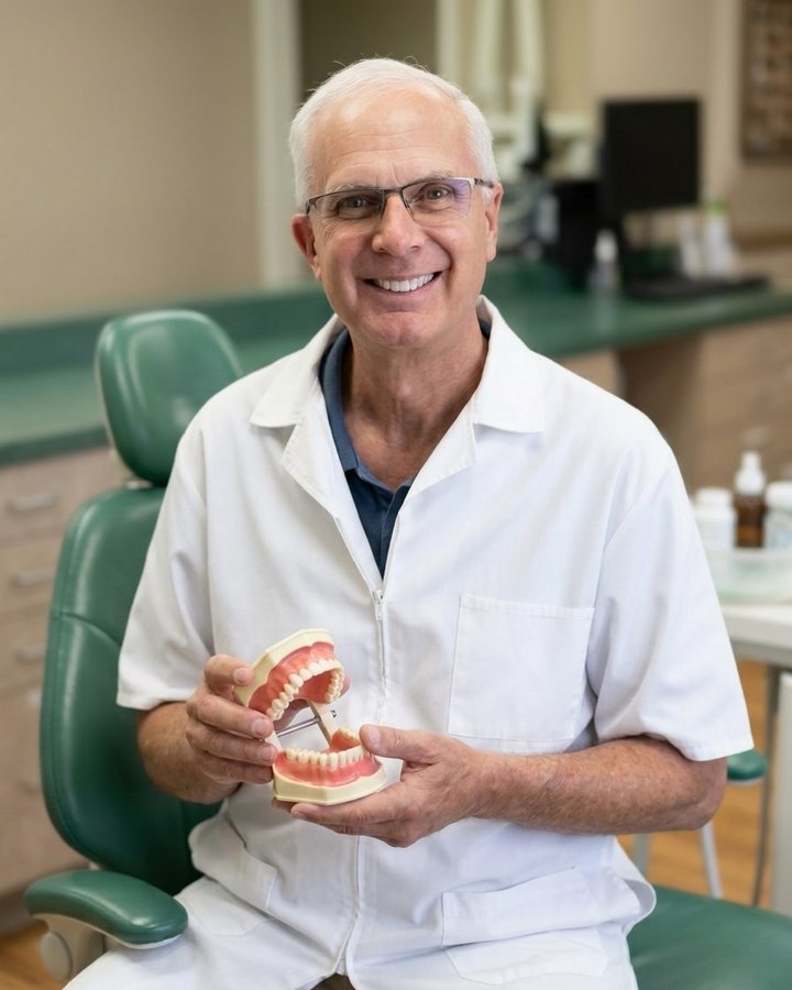 Dr. Roy Petras holding a dental model in a treatment room