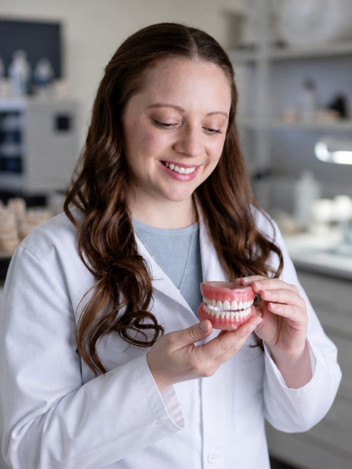 Dr. Sandra Frederick holding a model of teeth